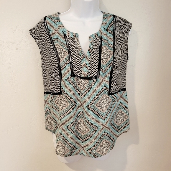 Daniel Rainn Petite Small SP PS Blue Black Blouse Short Sleeve Top Pattern - Picture 1 of 6